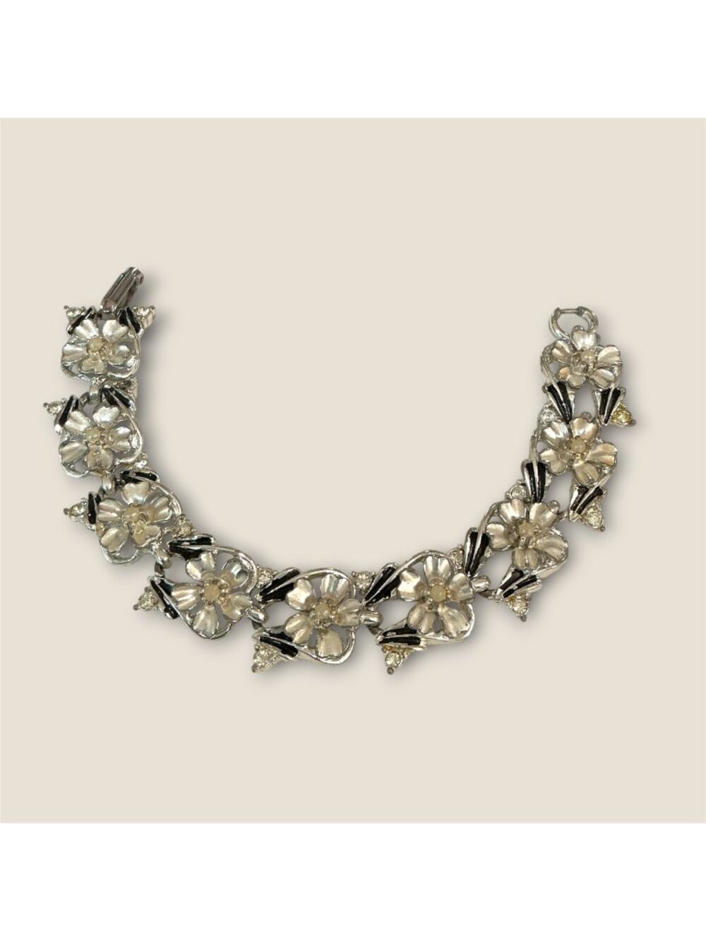 Vintage Judy Lee Silver-Tone Floral Bracelet With Rhinestones -  7 Inches
